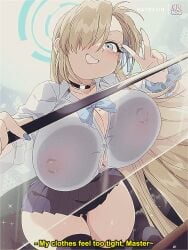 1980s_(style) 1990s_(style) against_glass artist_name ass_visible_through_thighs asuna_(blue_archive) asymmetrical_bangs black_choker black_skirt black_thighhighs blonde_hair blue_archive blue_bow blue_bowtie blue_eyes blue_nails bluethebone blush bow bowtie breast_press breasts breasts_on_glass button_gap cg choker cleavage collarbone collared_shirt covered_nipples english_text fake_screenshot female fourth_wall grin hair_over_one_eye hair_ribbon halo huge_breasts ichinose_asuna large_breasts light_brown_hair long_bangs long_hair looking_at_viewer miniskirt mole mole_on_breast nail_polish nipples no_bra one_eye_covered patreon_username pleated_skirt retro_artstyle school_uniform scrunchie see-through shirt skirt smile solo subtitled thick_thighs thighhighs thighs v very_long_hair w white_shirt wrist_scrunchie