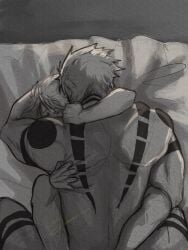 2d back_view dominant gay male/male muscular_male ryoumen_sukuna_(jujutsu_kaisen) satoru_gojo size_difference tattoo_on_back twink yaoi