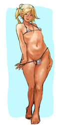 1boy 2n5 androgynous areola_slip balls bikini blonde_hair bulge crossdressing curvy cute erect_nipples estro-boi femboy flat_chest girly green_eyes hairclip hormone_breasts male male_only micro_bikini navel nipples penis_in_swimsuit penis_under_clothes presenting puffy_nipples scrotum small_breasts small_penis solo standing testicles thick_thighs trap wide_hips