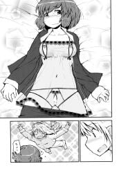 2females 2girls blonde_hair blue_eyes blush blushing_female brown_hair cambropachycope censored censored_pussy embarrassed embarrassed_expression embarrassed_female girl_on_girl girls_only happy happy_female japanese_text leaping lingerie loli manga manga_page on_back on_bed pijama see-through see-through_clothes see-through_clothing soso-zagri sparkles yuri カンブロパキコーペ