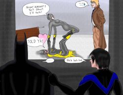 batgirl batman batman_(bruce_wayne) bruce_wayne catwoman dc dc_comics dick_grayson female interrogation interrogation_room male nightwing romero_special submission_hold wrestling