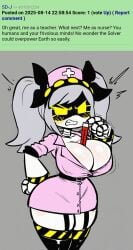 ai_generated angry blush breasts bursting_breasts cleavage comment female female_only garter_straps huge_breasts j_(murder_drones) murder_drones nurse nurse_hat nurse_uniform object_between_breasts thermometer thick_thighs tsundere upset wide_hips
