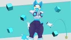 anthro block blue_mouth blue_tongue breasts clothed clothing deltarune female futanari genitals hi_res humanoid intersex intersex/female machine mspolar no_underwear penis robot robot_anthro robot_humanoid solo tasque_manager thick_thighs tongue torn_clothing undertale_(series) whip