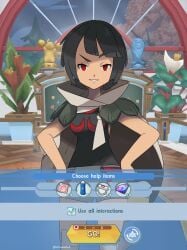 atramada1 bangs black_hair bob_cut cape condom game_freak game_ui gameplay_mechanics hand_on_hip lube lube_bottle pokemon pokemon_masters pokemon_oras short_hair smile smiling smiling_at_viewer smirk zinnia_(pokemon)