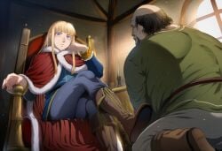 2boys age_difference ai_generated artist_request canute facial_hair fat fat_male height_difference kneeling male male_only money muscular muscular_male plot size_difference ugly_bastard uromugen vinland_saga