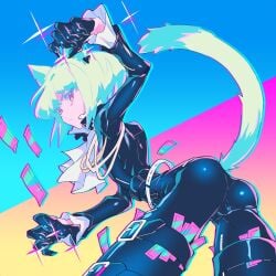 1boy androgynous ass balls_under_clothes bob_cut cat_ears cat_tail catboy femboy fully_clothed lio_fotia short_hair solo tight_clothing twink