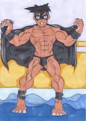 abs almost_naked almost_nude barefoot batman batman_(series) bdsm_gear biceps calves cape codpiece cosplay dark-skinned_male dark_skin exhibitionism exhibitionist eye_mask face_mask fetish fetish_wear front_view g-string g-string_only genital_outline hero holding_cape leather_belt leather_clothing legs_apart looking_at_viewer lorgistamanrakk_(artist) male_only muscular muscular_male muscular_thighs pale_palms pale_soles pecs penis pokemon presenting presenting_body satoshi_(pokemon) shaved_head shaved_side slicked_back_hair standing_with_legs_apart tanned tanned_skin thong toenails undercut
