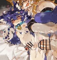 anal anal_sex anthro aya_ryona bed bell bell_collar blonde_hair blush bodily_fluids breath censor_bar censored censored_genitalia censored_penis clothing collar cum cum_in_ass cum_inside cum_while_penetrated duo ear_piercing ear_ring ejaculation embarrassed erection eyewear fingerless_gloves foreskin furniture genital_fluids genitals glasses gloves hair half-closed_eyes hand_holding handwear heart_symbol hi_res kemono leg_glider_position leg_grab long_hair lying male male/male mammal mouth_closed narrowed_eyes on_bed on_side open_mouth open_smile partially_retracted_foreskin penetration penile penile_penetration penis penis_in_ass penis_size_difference piercing pubes purple_body purple_hair raised_leg ring_piercing sex size_difference smile stomach_bulge sweat
