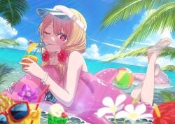 1girls bare_shoulders barefoot beach blonde_hair blush drink hirayama_kanna hoshino_ruby jewelry looking_at_viewer one_eye_closed oshi_no_ko sunglasses swimsuit