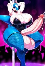 ai_generated armpits bunnysuit fishnets futanari huge_breasts huge_butt hyper_balls hyper_penis intersex latios nightclub novelai pokemon pokemon_(species) pole_dancing precum precum_drip sibal123 stripper_pole sweat thick_thighs