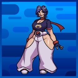 1girls adapted_costume blue_hair breasts clothed clothing gloves goggles king_of_fighters large_ass looking_at_viewer may_lee no_panties royalmilk20 scarf short_hair smile smiling solo wide_hips