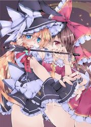 apron arrow belt blonde_hair blue_eyes blush bow breasts brown_hair cleavage detached_sleeves futa_on_futa futanari hair_tubes hairbow hamaya hat hat_bow human intersex long_hair marisa_kirisame masturbation multiple_girls open_mouth puffy_sleeves pussy_juice red_eyes reimu_hakurei short_sleeves touhou transpot_nonoko witch_hat