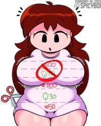 auburn_hair big_breasts big_thighs clothes clothing fnf friday_night_funkin girlfriend_(friday_night_funkin) long_hair scissors shocked spicyboi surprised tagme thick_thighs twitter_cutting_game watermark white_shirt white_t-shirt