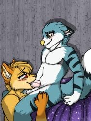 anthro arulouprouge balls blush canid canine canis domestic_cat domestic_dog duo felid feline felis fellatio genitals hi_res looking_at_another looking_pleasured male male/male mammal oral penile penis sex sitting sucking wolf