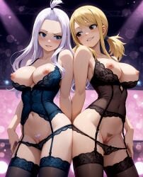 2girls ai_generated back_to_back breasts_out cleavage fairy_tail illustrious_(stable_diffusion) large_breasts lingerie lucy_heartfilia mirajane_strauss panties_down payop pubic_hair pussy stockings strip_club undressing