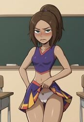 1girls ai_generated ayyaai blush bonnie_rockwaller brown_hair cheerleader cheerleader_uniform classroom embarrassed embarrassed_expression embarrassed_female green_eyes hourglass_figure kim_possible lifting_skirt looking_at_viewer miniskirt nervous nervous_expression nervous_face nervous_sweat nickelodeon panties petite petite_body ponytail schoolgirl small_breasts small_waist solo solo_female solo_focus teenage_girl teenager
