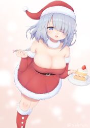 bare_shoulders big_breasts blue_eyes blush breasts cake christmas christmas_clothing christmas_headwear christmas_outfit cleavage collar eyebrows_visible_through_hair food fork hair_over_one_eye heterochromia high-angle_view large_breasts medium_hair platinum_hair red_eyes santa_dress santa_hat simple_background subten yuuko_nishinen