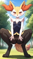 1girls 2025 ai_generated anthro black_body blushing bottomless bottomless_female braixen digitigrade female female_only generation_6_pokemon hands_on_thighs hi_res inner_ear_fluff innie_pussy looking_at_viewer looking_down low-angle_view nintendo orange_eyes orange_fur outdoors pokemon pokemon_(species) presenting presenting_pussy pussy smile spread_legs squatting white_fur yellow_fur