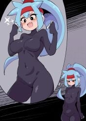 1girls :0 ashe_(megaman_zx) big_breasts black_bodysuit black_eyes blue_hair blush buzzlyears expectation_vs_reality hands_down hands_up mega_man mega_man_zx open_mouth red_bandana small_breasts