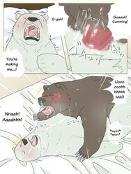 anal anal_sex bear bed blush censored closed_eyes comic cum cumshot drooling fur furry gay male manga missionary_position no_humans okatana open_mouth orgasm penetration penis polar_bear precum saliva sex shirokuma shirokuma_cafe tongue tongue_out translated