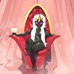 black_body duck_dodgers hair_covering_breasts long_hair looney_tunes luichemax nude nude_female queen_tyr'ahnee sitting throne white_hair