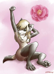 2013 blonde_hair breasts female ferret flower furry hair mustelid nude pussy small_breasts solo stretching unimpressive