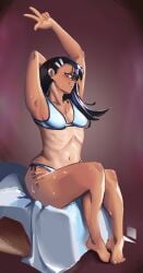 black_hair brown_eyes flat_chest hayase_nagatoro stretching swimsuit swimwear tanned_female tanned_skin thick_thighs wet