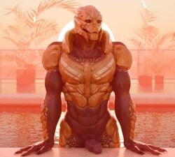 3d_(artwork) alien animal_genitalia bioware bodypaint digital_media_(artwork) electronic_arts erection face_paint genital_slit genitals hi_res in_pool kagekave leaning leaning_forward looking_at_viewer male mass_effect muscular muscular_male nude only_male outside penis plant plant_pot potted_plant solo standing sun sunset swimming_pool teeth turian urethra verros water wet