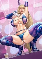 armpits arms_behind_back bangs big_breasts blonde_female blonde_hair blue_eyes bombergirl cirenk clothed_female feet gloves high_heels long_hair looking_at_viewer pov sepia_belmont strip_club whiskey_glass