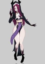 bare_hips bare_legs boots claws clothed demon_horns dress freckles giant_tongue giwi glasses hair_over_one_eye horns loincloth_dress magenta_hair monster_girl nightmare_waifu nun nun_outfit pale-skinned_female pale_skin pelvic_curtain purple_hair red_eyes revealing_clothes round_glasses rubberross sharp_teeth stomach_mouth teeth thighs thong thong_straps tongue tongue_out virtual_youtuber voluptuous voluptuous_female vtuber