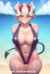 ai_generated beach beelzebub_(helltaker) big_ass big_breasts big_butt big_thighs bikini blush demon demon_girl demon_horns helltaker horns huge_ass huge_breasts huge_butt huge_thighs red_eyes slingshot_swimsuit standing wanuze white_hair white_horn wide_hips