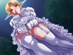 blonde_hair blush bondage breasts dildo dress elf femsub from_below game_cg green_eyes pussy pussy_juice rope splush_wave thighhighs tiara uncensored vaginal_penetration white_lady