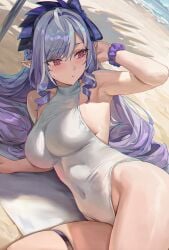 1girls amiki_yuzuru beach beach_towel big_breasts breasts elf_ears hairband headgear long_hair lying_on_back mole_under_eye navel_visible_through_clothes one-piece_swimsuit purple_hair red_eyes sand seaside thick_thighs tight_swimsuit vivian_(zenless_zone_zero) vivian_banshee white_swimsuit zenless_zone_zero