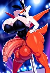 ai_generated bunny_girl bunnysuit futanari huge_breasts huge_butt hyper_balls hyper_penis intersex latias nightclub novelai pokemon pokemon_(species) pole_dancing precum precum_drip sibal123 stripper_pole sweat thick_thighs