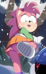 1boy 1girls amy_rose anthro ass classic_amy_rose clothing female hair hedgehog male mammal metal_sonic palm_tree panties pink_fur pink_hair pussy robot sega snow sonic_(series) sonic_the_hedgehog_(series) tail video_games wildblur