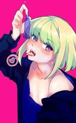 1boy androgynous blush bob_cut condom cum femboy lio_fotia looking_at_viewer nipples promare short_hair twink