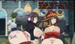 body_writing condom english_text huge_ass huge_breasts kono_subarashii_sekai_ni_shukufuku_wo! megumin microskirt miniskirt tattoo text used_condom useless_clothing yunyun_(konosuba)