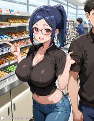 1boy 1girls ai_generated asai_ami black_shirt blue_hair breasts casual casual_nudity covered_nipples denim encoder female glasses grocery_store jeans large_breasts male naked_female nipples nipples_visible_through_clothing pointing public shop store uncensored uzaki-chan_wa_asobitai!