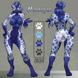 2012 ass black_nipples black_nose blue blue_eyes blue_hair breasts chest_tuft claws female hair hand_on_hip hindpaw hyena long_hair looking_at_viewer minniyar nipples nude pawpads paws showkaizer smile solo spots standing thighs tuft