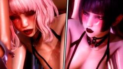 3d black_hair black_lipstick blush blush closed_eyes collar digital_media_(artwork) eyes_half_open female female_only femsub mercierharrogate moaning moaning_in_pleasure original original_characters pink_hair red_lipstick shiny_skin skimpy_clothes submissive_female sweat