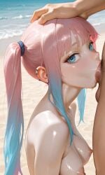 ai_generated bangs beach blue_eyes blue_hair blunt_bangs deepthroat grabbing_head gradient_hair long_sidelocks looking_at_viewer medium_breasts naked nipples oral original_character pale_skin pierced_ears pink_hair plopendil saliva sex sidelocks straight two_tone_hair