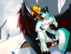 anthro artik balls biceps black_hair black_skin blonde_hair canine claws closed_eyes cold cum dog_tags dragon fur furry hair handjob hug ice knot male_only muscles no_swift nude orange_hair pecs penis purple_eyes purple_penis snow sulfer teal_fur teal_hair teal_penis teeth white_fur wings wolf