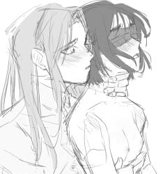 2girls alien_stage bite_mark bite_mark_on_shoulder blindfold blush breasts greyscale hand_around_neck long_hair mizi_(alien_stage) nipples open_mouth own_gl short_hair sketch small_breasts sua_(alien_stage) yuri