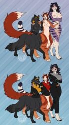 absurd_res anthro black_body black_fur black_hair black_nose bottomless breasts brown_body brown_fur brown_hair canid canid_taur canine canine_taur chakat chest_tuft clothed clothing dipstick_tail felid felid_taur female fox fox_taur fur genitals group hair hi_res mammal mammal_taur markings navel nipples noire_(thecatnamedfish) pink_nose purple_body purple_fur pussy rakshani rihanna_ap_korso_na_katn'sha sunflare_(thecatnamedfish) tail tail_markings taur thecatnamedfish trio tuft