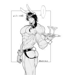 ... abs alternate_costume ass big_ass big_pecs blush bowtie bubble_butt bunny_boy bunny_ears bunny_tail circlet detached_collar embarrassed gaolang_wongsawat halftone jockstrap kengan_(series) kengan_ashura long_hair long_hair_male looking_at_viewer looking_back low-tied_long_hair male male_only male_playboy_bunny mmn810 monochrome muscular muscular_male pecs ponytail screentone shy solo topless topless_male tray waiter wrist_cuffs