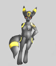 2011 anthro black_sclera breasts canine claws digitigrade eeveelution female fortuna fur furry furry_ears furry_tail generation_2_pokemon grey_background nintendo nipples no_humans nude plain_background pokemon pokemon_(species) pokemorph pussy red_eyes sitting solo tail umbreon