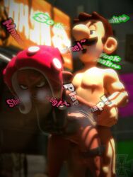 1boy 1girls 3d agent_8_(splatoon) arms_held_back breasts brown_hair cephalopod cephalopod_humanoid crossover dark-skinned_female dark_skin dialogue doggy_style duo facial_hair female fucked_from_behind grabbing_arms humanoid humanoid_on_humanoid idiotboxangel interspecies light-skinned_male light_skin luigi male male/female mario_(series) mature mature_female mature_male nintendo nipples nude nude_female nude_male open_mouth pink_tentacles sex small_breasts splatoon squid squid_humanoid straight straight_sex tentacle tentacle_hair text