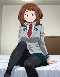 1girls ai_generated legs my_hero_academia ochako_uraraka pantyhose school_uniform sitting_on_bed smile solo