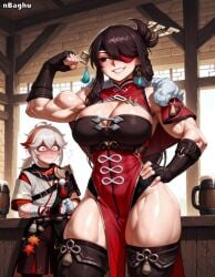 1boy 1boy1girl 1girls ai_generated alcohol bandages beidou_(genshin_impact) black_hair blush china_dress chinese_clothes cleavage drunk drunk_bubble earrings eyepatch flexing flexing_bicep genshin_impact hair_ornament hand_on_hip highres hoyoverse kaedehara_kazuha kimono large_breasts long_hair muscular muscular_female muscular_thighs nbaghu nervous nervous_male pelvic_curtain red_eyes shiny_skin short_hair size_difference sleeveless smirk taller_girl thick_thighs thigh_boots white_hair