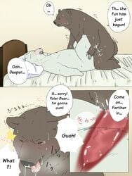 anal anal_sex bear bed blush censored closed_eyes comic drooling fur furry gay male manga missionary_position no_humans okatana open_mouth penetration penis polar_bear precum saliva sex shirokuma shirokuma_cafe tear tongue tongue_out translated veins